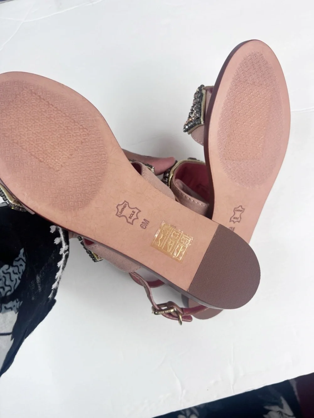 NIB Tory Burch Tanner Jeweled Embellished Metallic Strap Sandals in Pink/Tan
